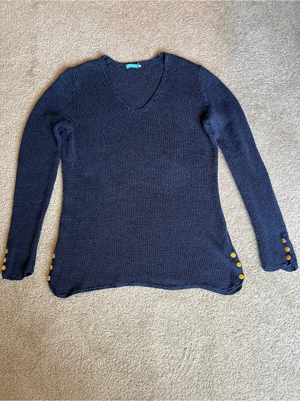 Women's Navy V-Neck Sweater with Gold Button Details